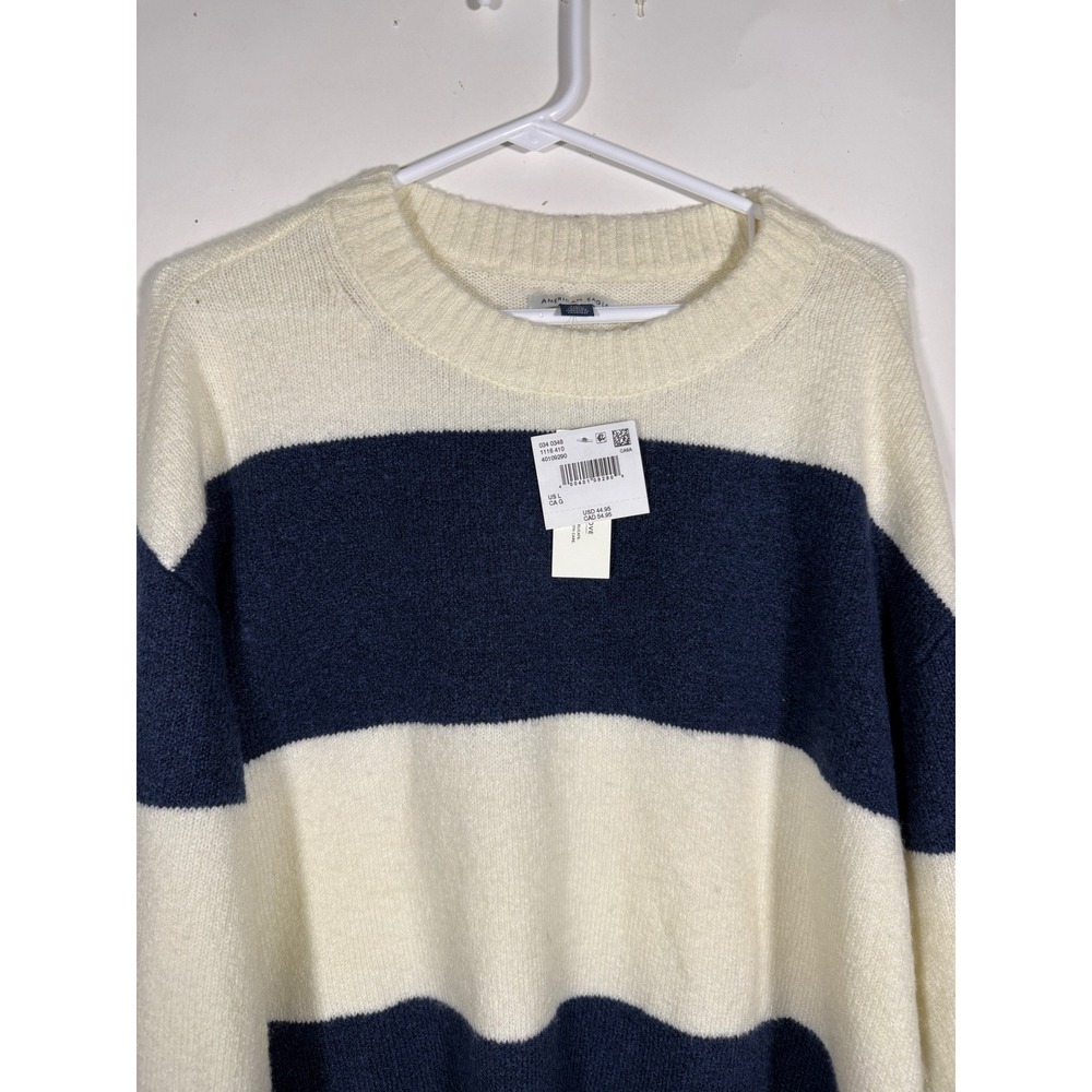 American Eagle Women Navy Blue Cream Striped Crewneck Sweater Large NEW